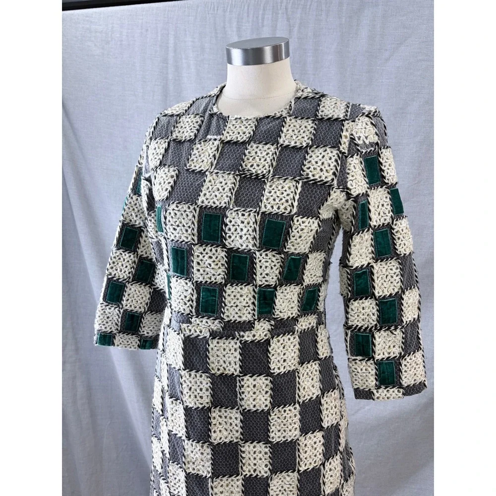 Sara Navon‎ Womens Grey Cream Checkered Velvet Accent Sheath Midi Dress Small